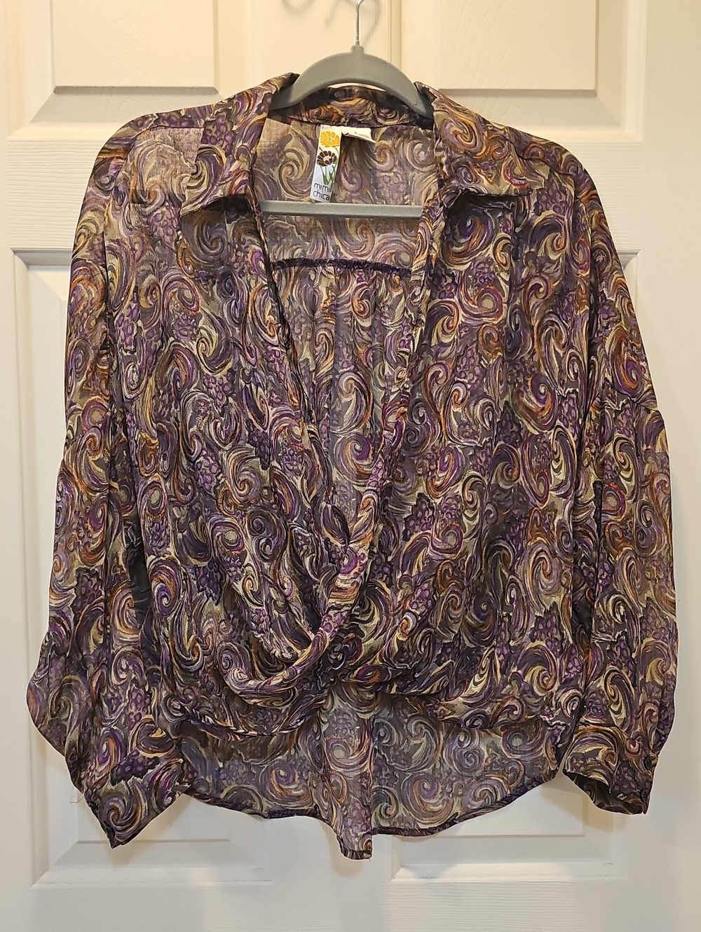 Mimi Chica Purple Swirl Sheer Draped Blouse